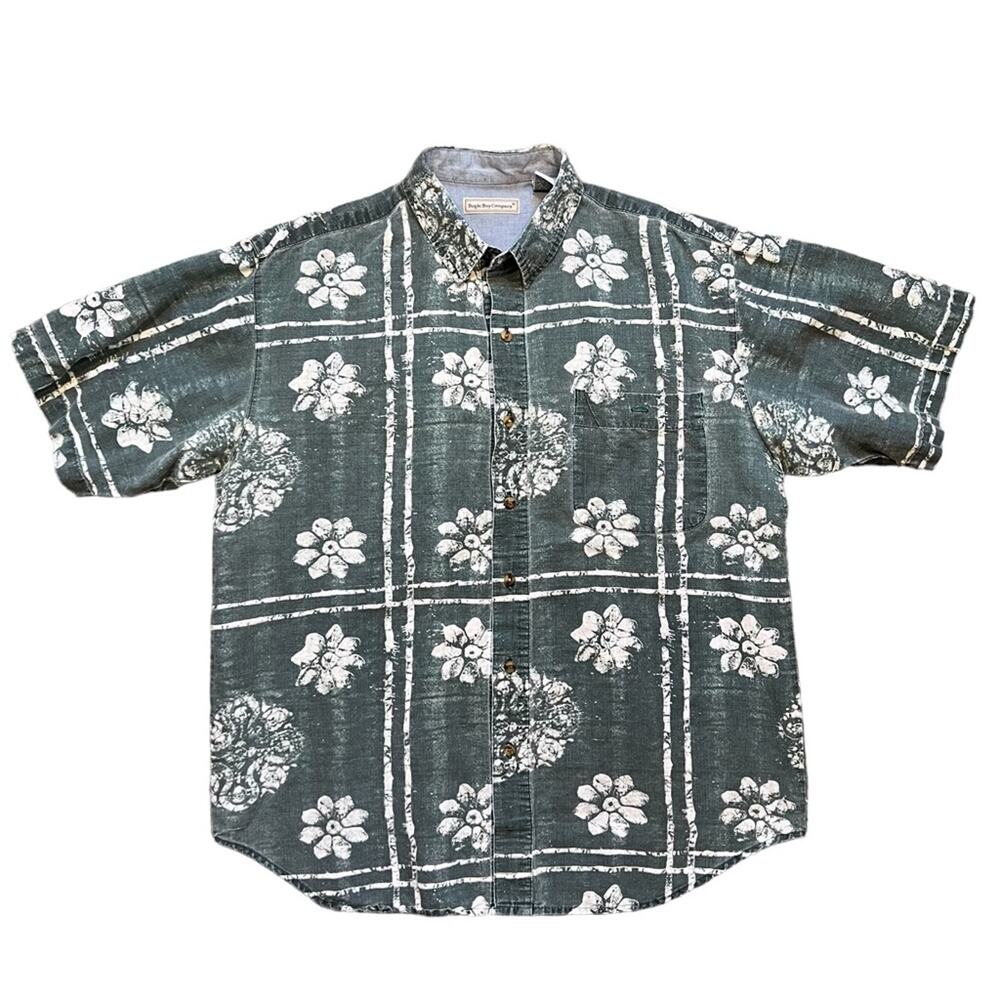 Bugle Boy Batik Green White Floral Vintage Hawaiian Short Sleeve Shirt Men Large